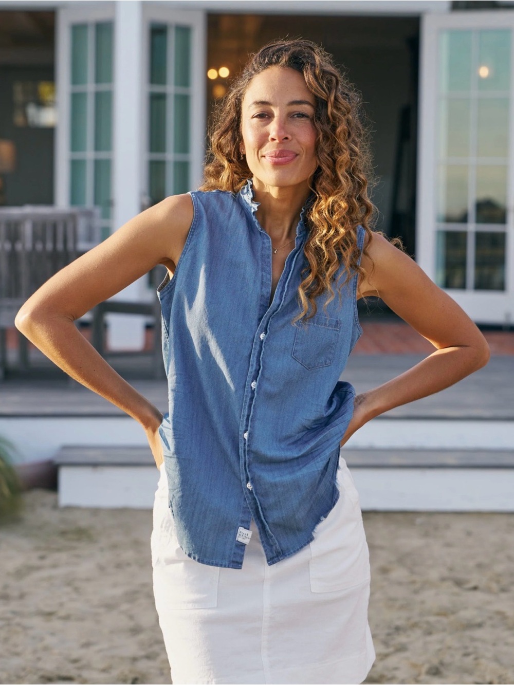 Frank and Eileen Fiona Ruffle Collar Denim Sleeveless Indigo Shirt - Size Large
